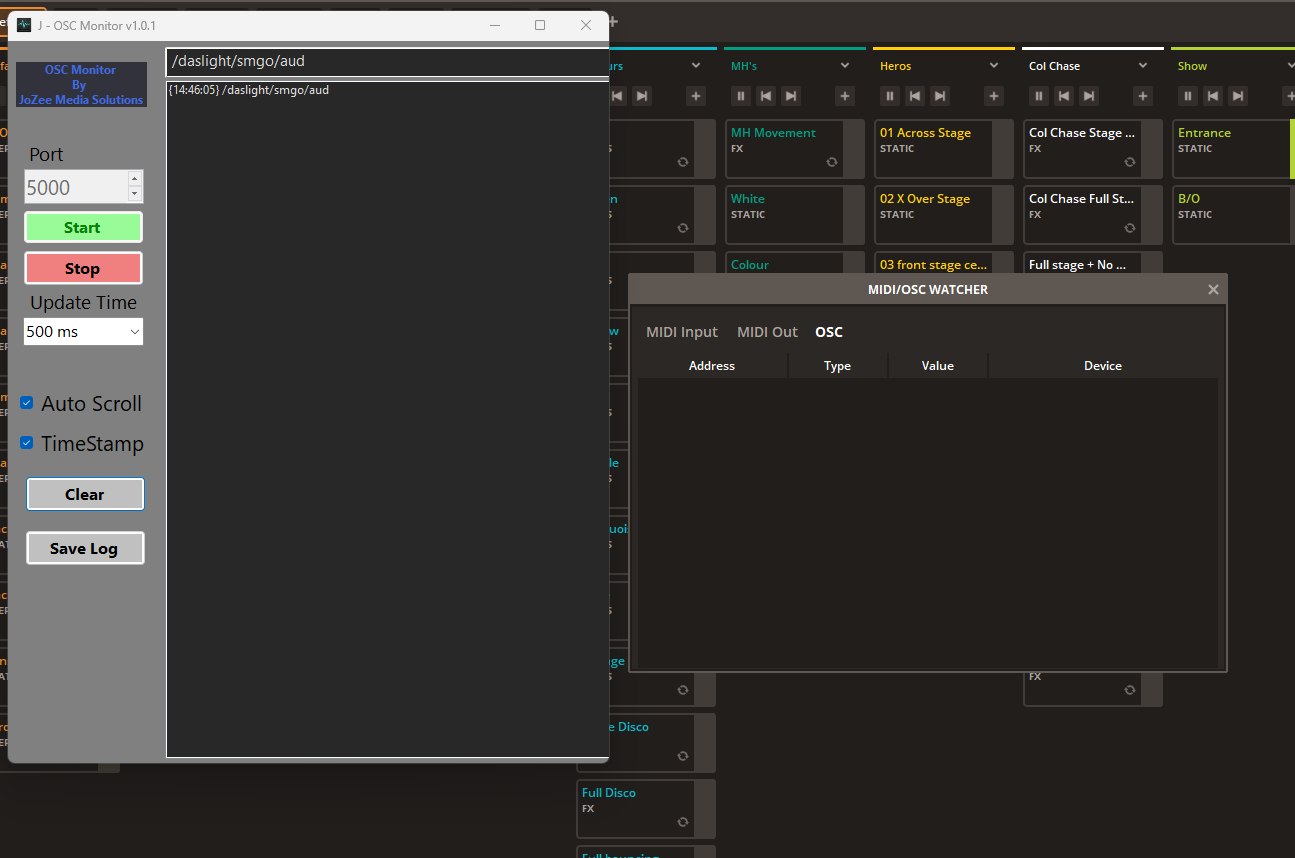 This is the OSC watcher software V1 and shows DL 5 OSC watcher side by side on PC2. You can see that PC 2 can see the commands but DL5 isn’t seeing anything.